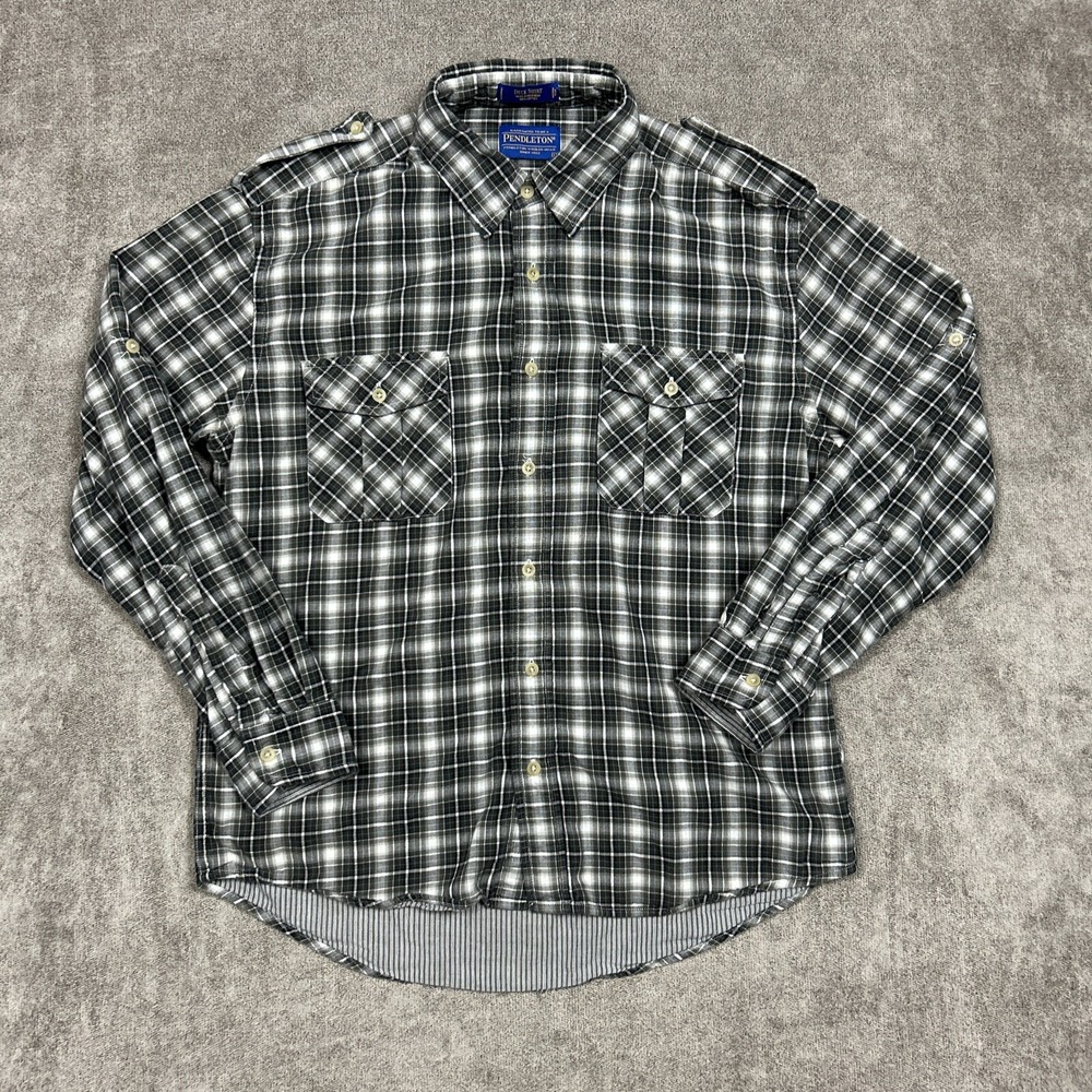 Pendleton Deck Shirt Mens Large Button Up Gray Plaid Roll Sleeve Cotton Pockets